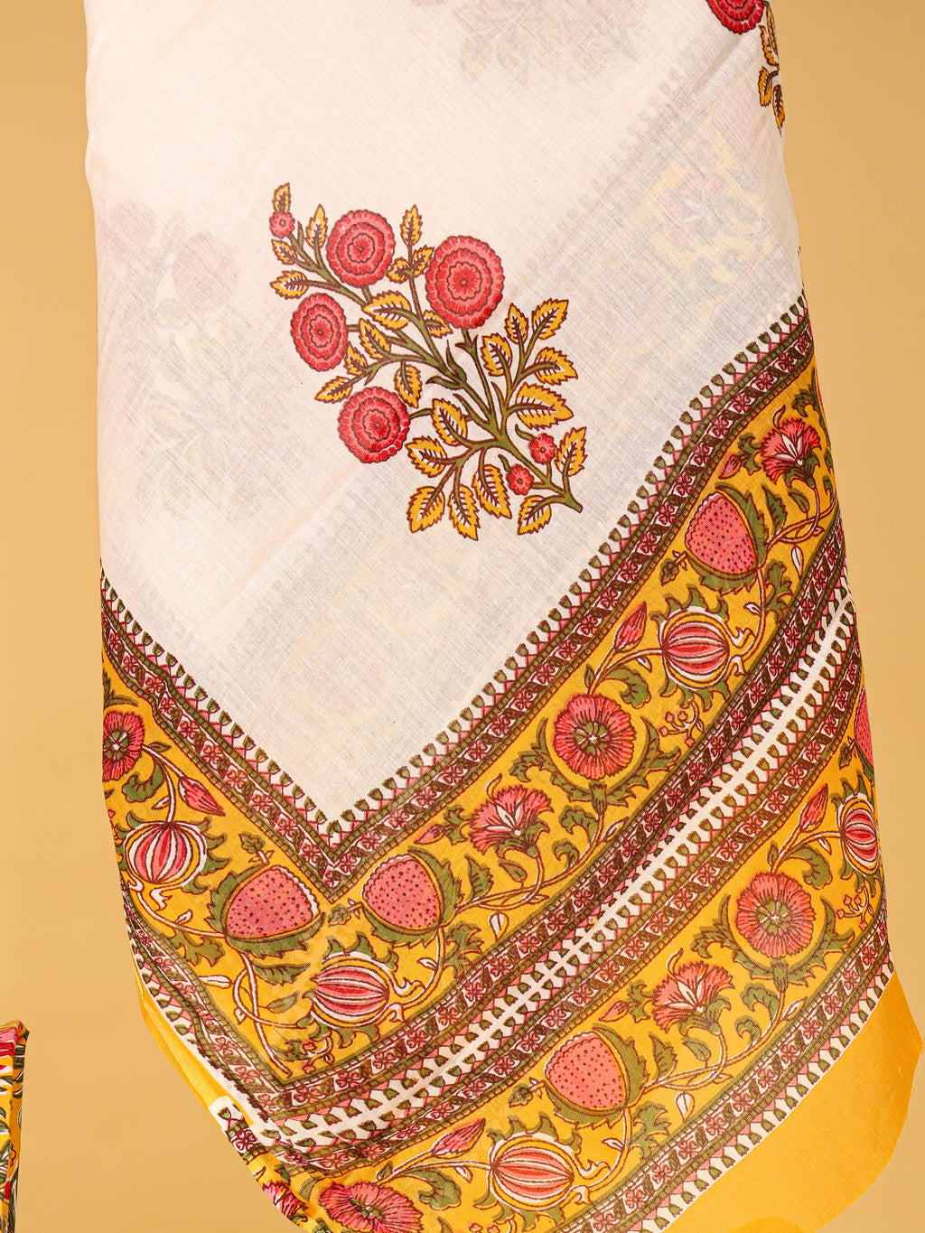 Women's Pure Cotton Sanganeri Print Unstitched Suit Set – Mustard Yellow & Red Floral Design