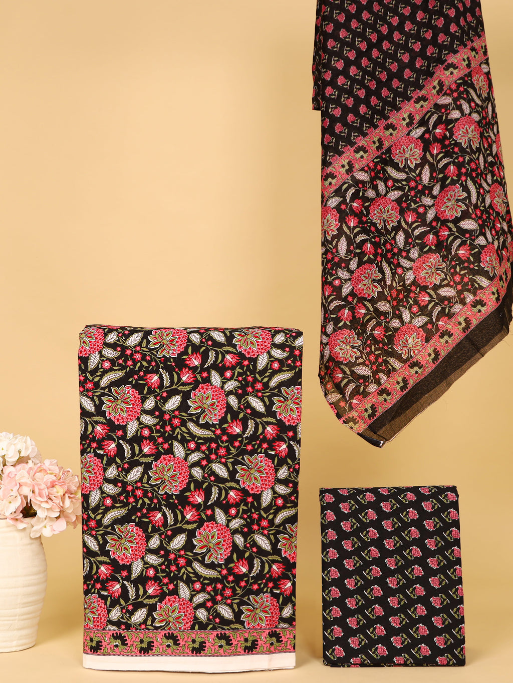Women's Pure Cotton Sanganeri Print Unstitched Suit Set – Black & Red Floral Design