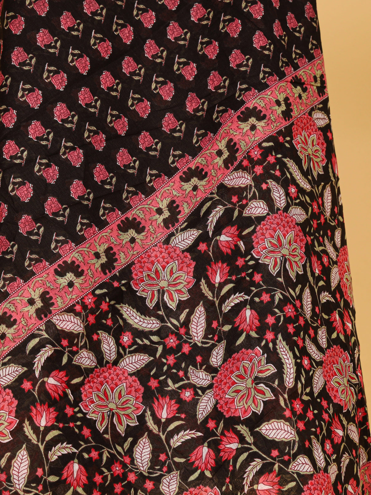 Women's Pure Cotton Sanganeri Print Unstitched Suit Set – Black & Red Floral Design