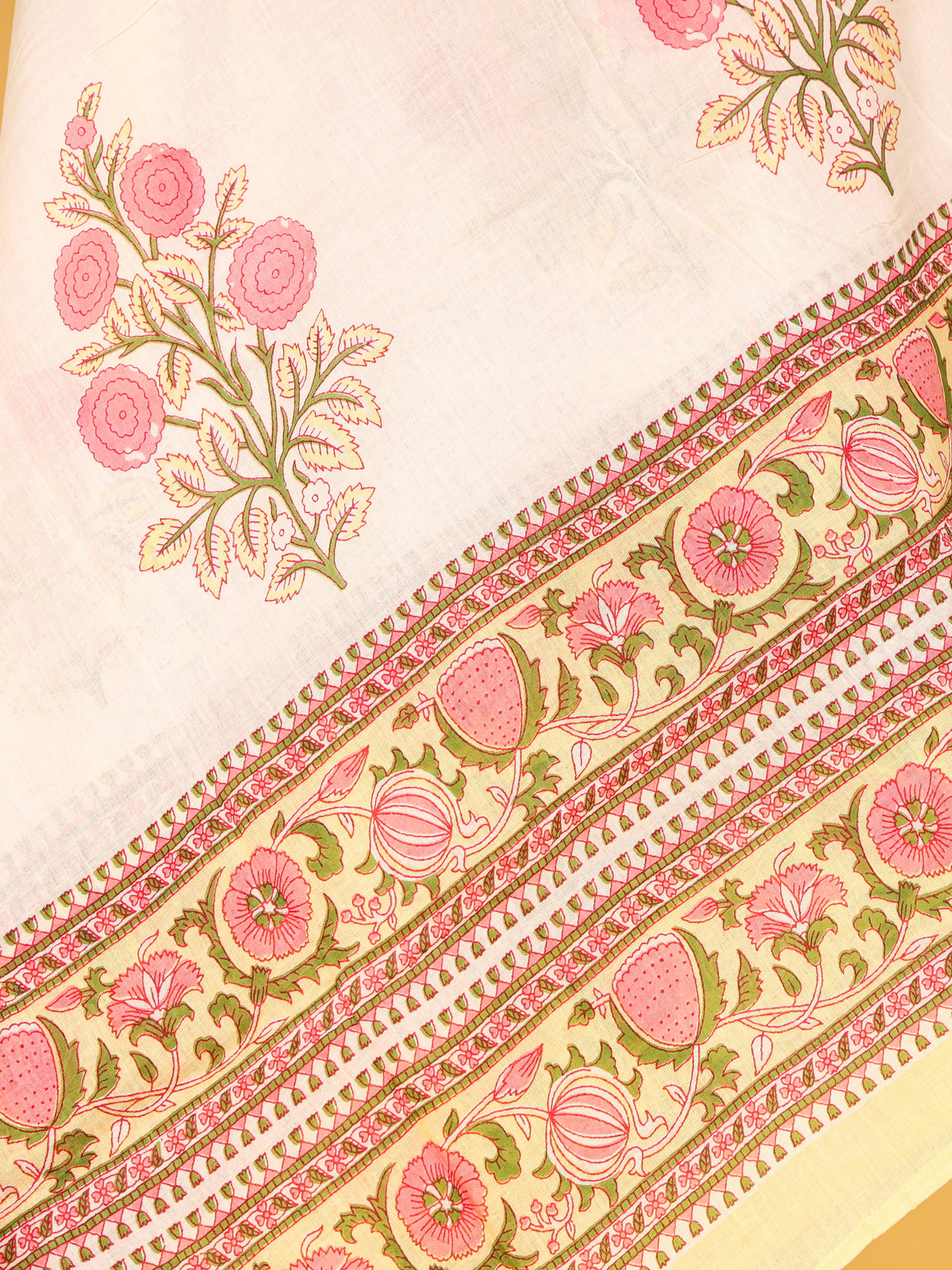 Women's Pure Cotton Sanganeri Print Unstitched Suit Set – Lemon Yellow & Pink Floral Design