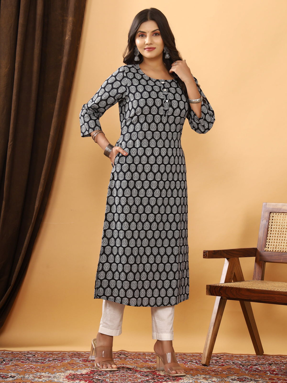 Sanganeri Buti Print Black Cotton Kurti