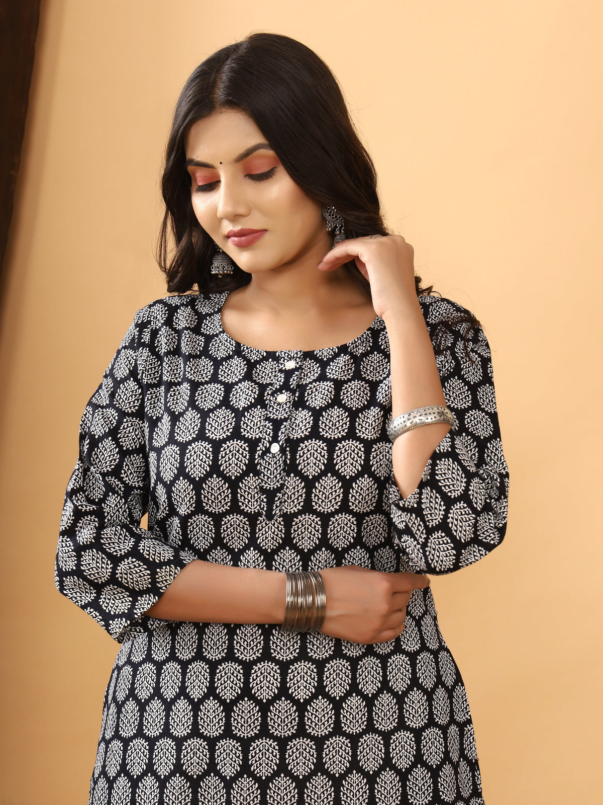 Sanganeri Buti Print Black Cotton Kurti