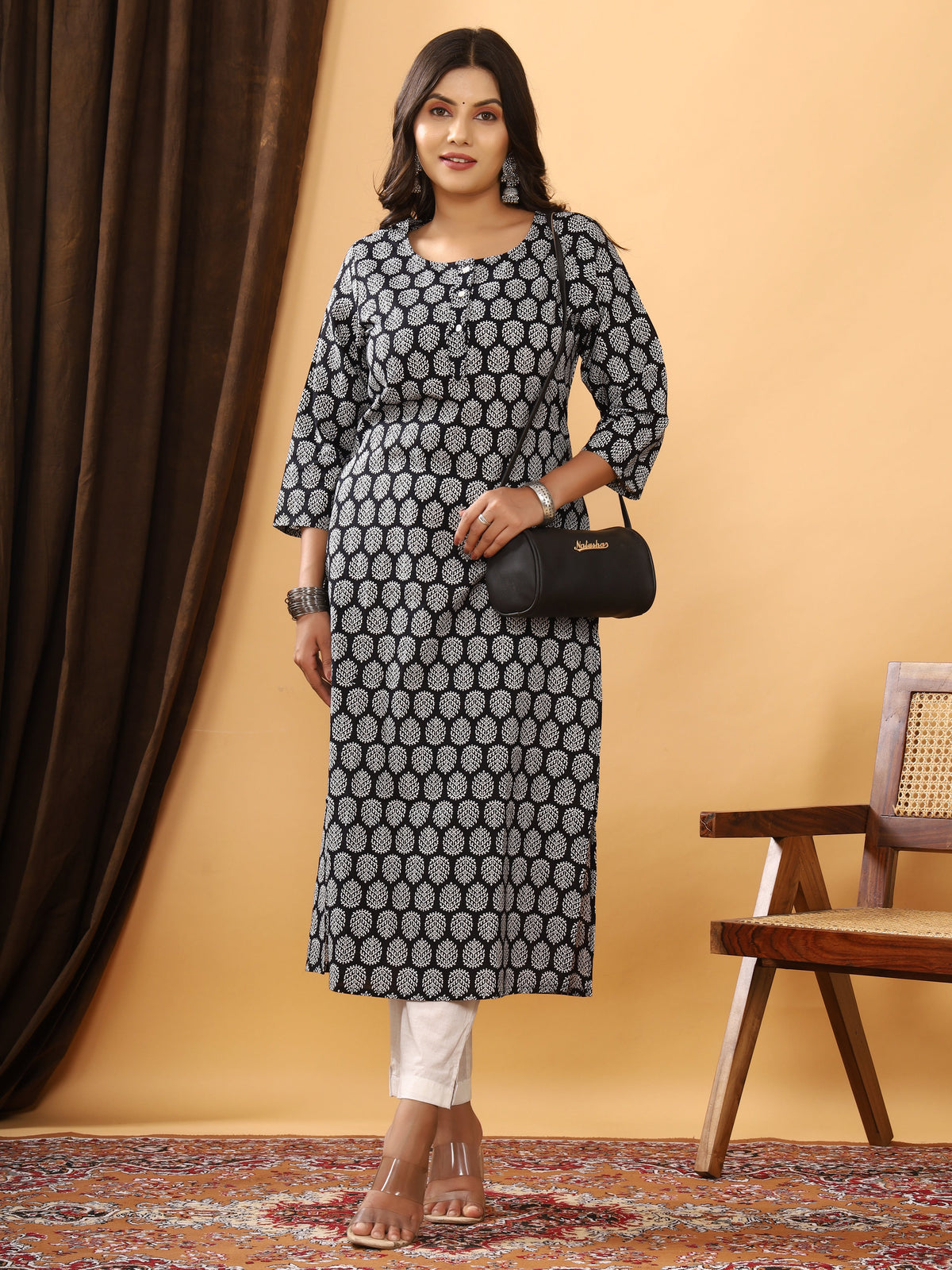 Sanganeri Buti Print Black Cotton Kurti