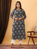 Sanganeri Floral Rangoli Print Black Cotton Kurti
