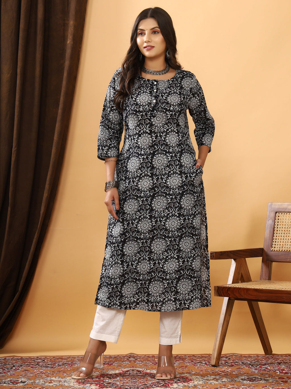 Sanganeri Floral Rangoli Print Black Cotton Kurti
