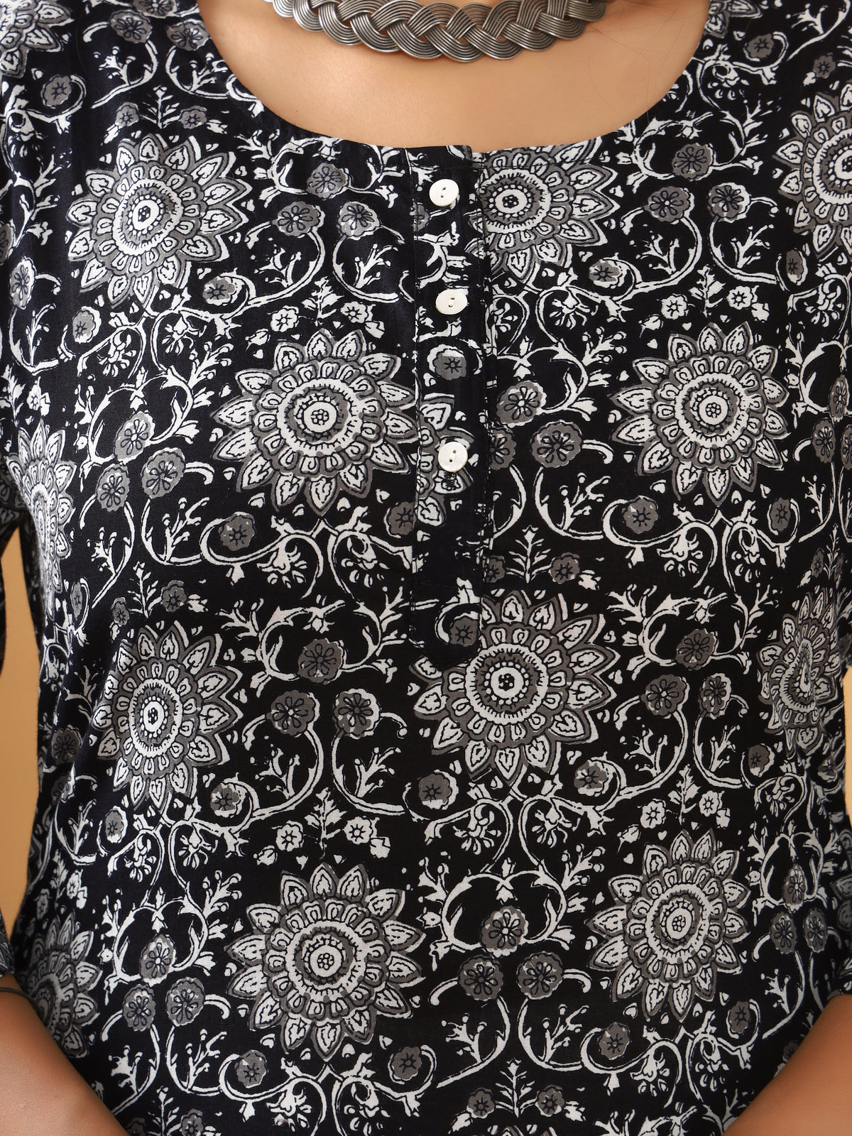 Sanganeri Floral Rangoli Print Black Cotton Kurti