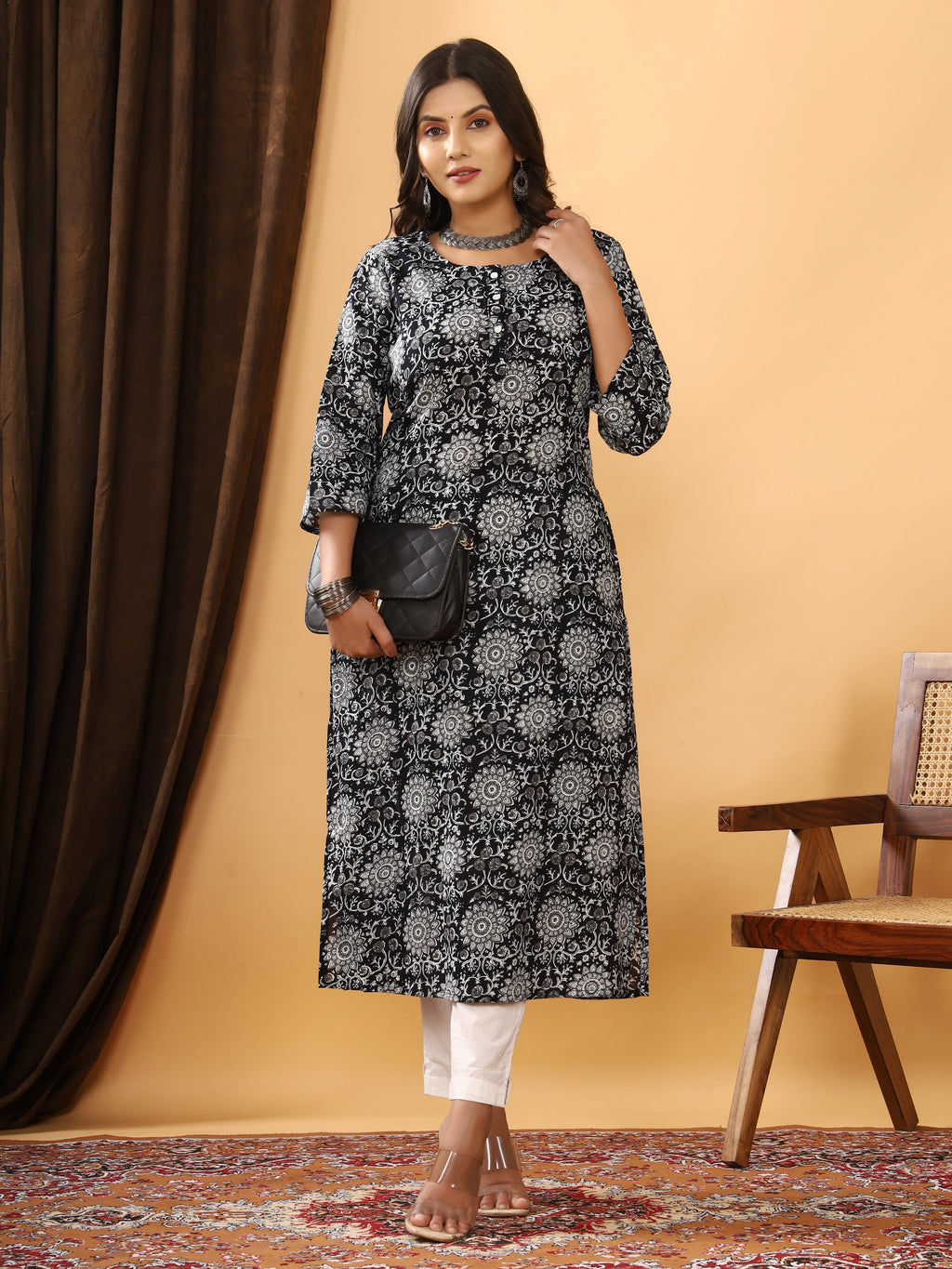 Sanganeri Floral Rangoli Print Black Cotton Kurti