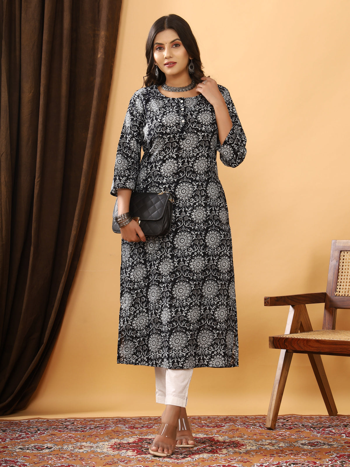 Sanganeri Floral Rangoli Print Black Cotton Kurti