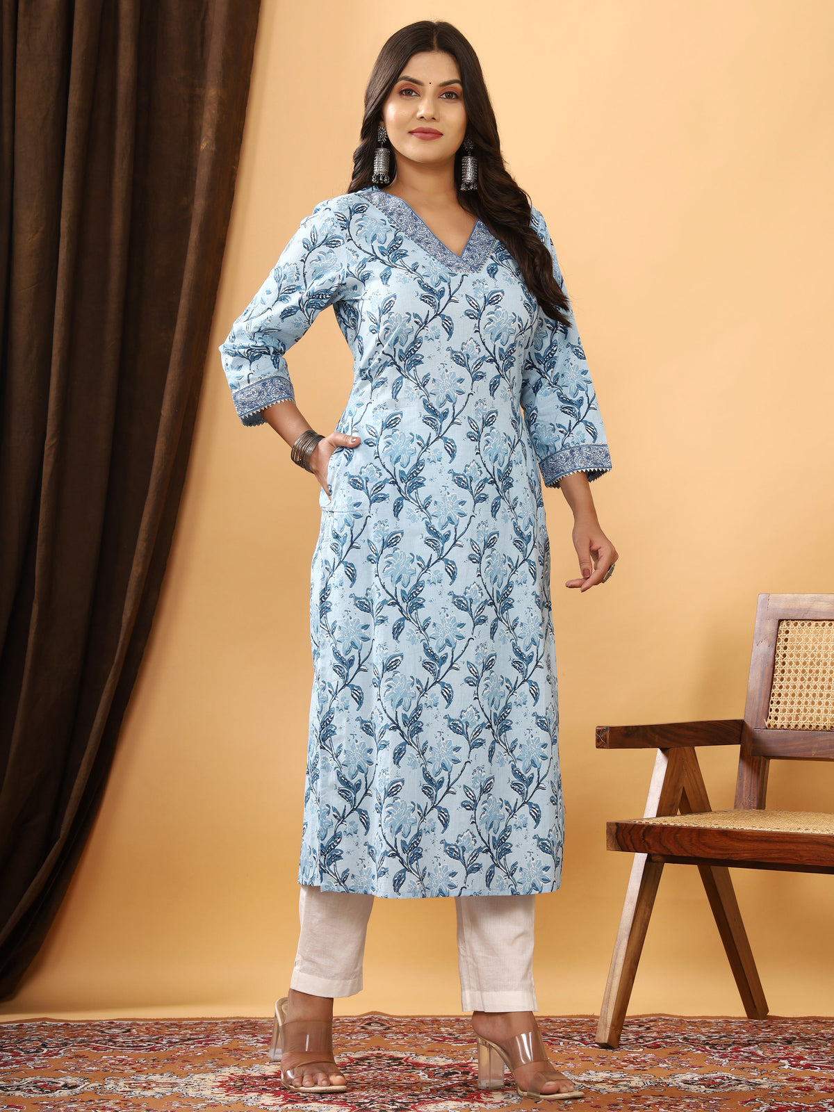 Sanganeri Floral Print Sky Blue Cotton Kurti