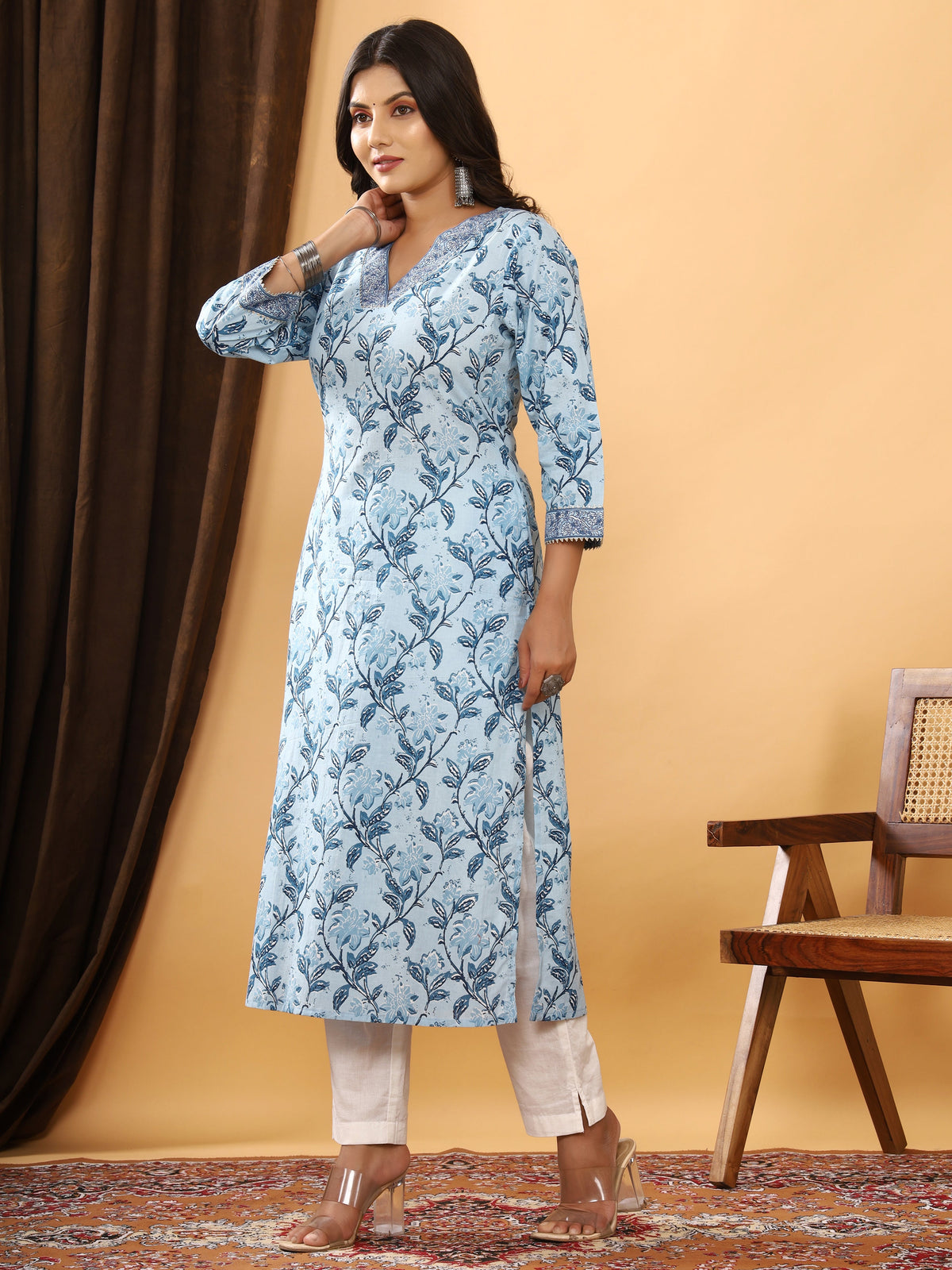 Sanganeri Floral Print Sky Blue Cotton Kurti