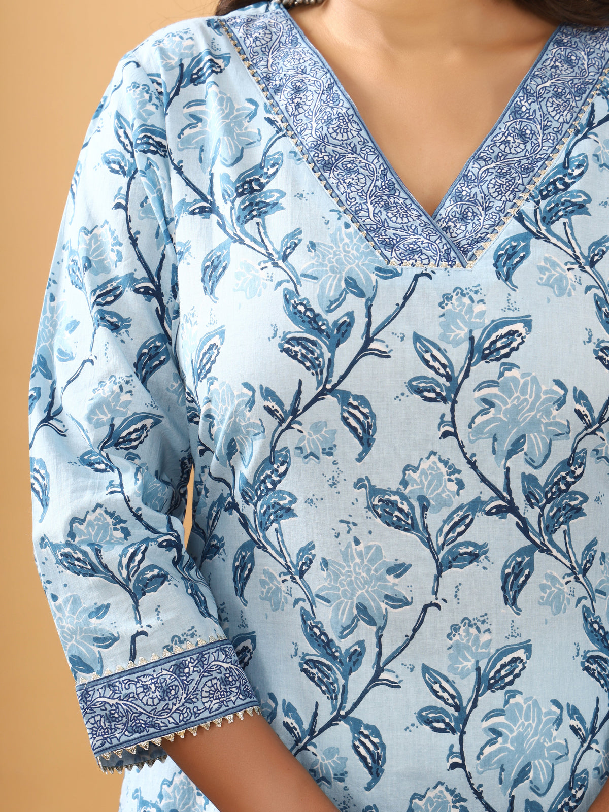 Sanganeri Floral Print Sky Blue Cotton Kurti