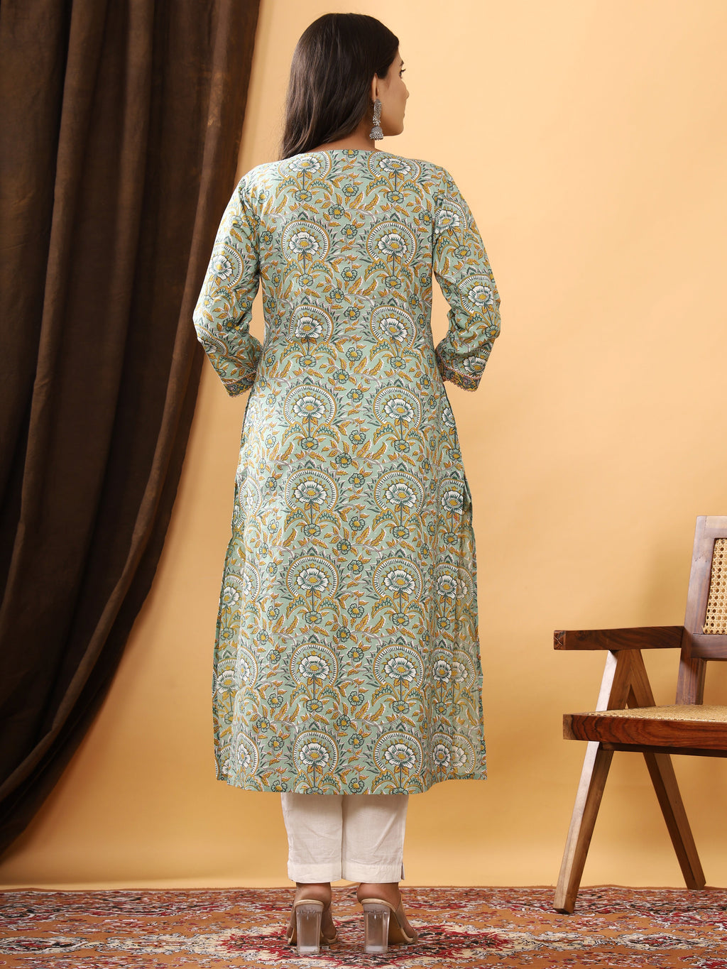 Sanganeri Floral Jaal Print Green Cotton Kurti
