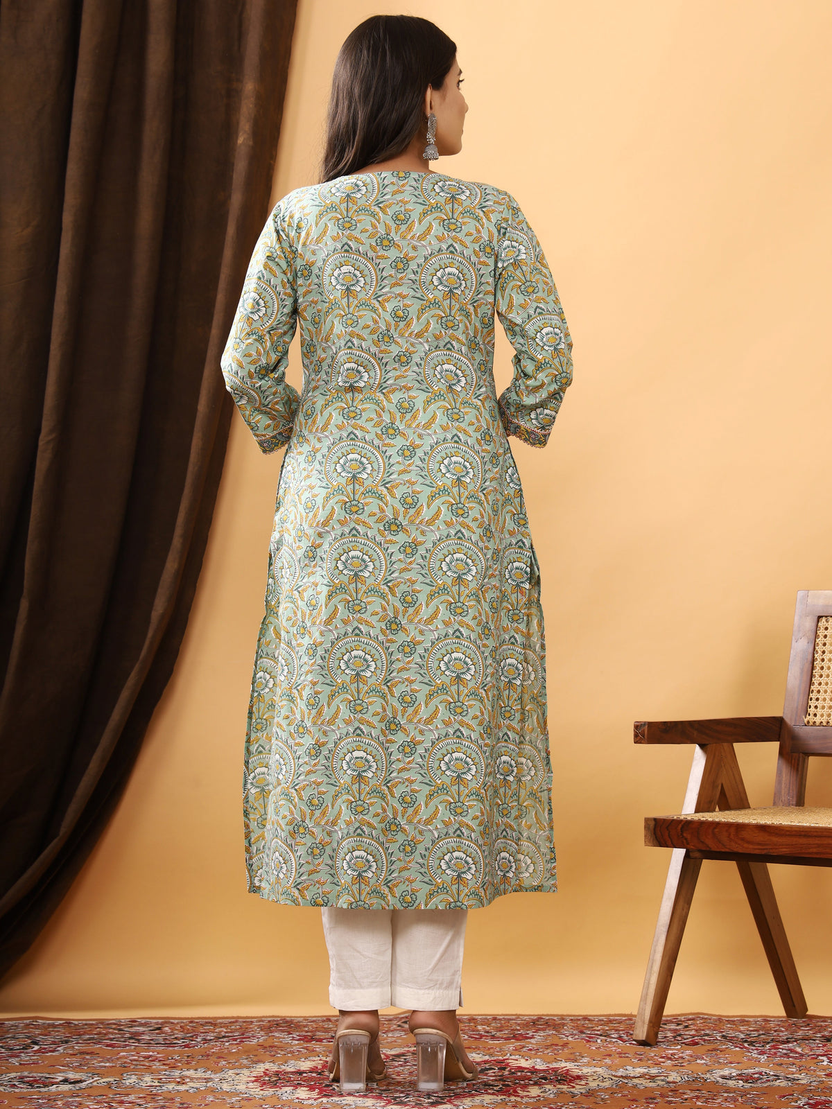 Sanganeri Floral Jaal Print Green Cotton Kurti