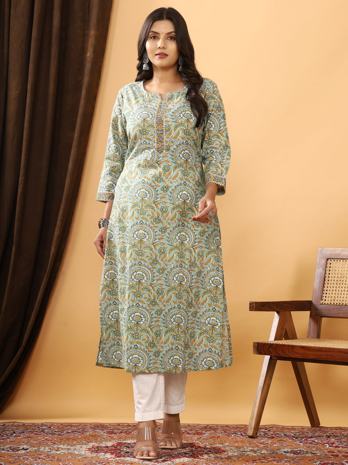 Sanganeri Floral Jaal Print Green Cotton Kurti