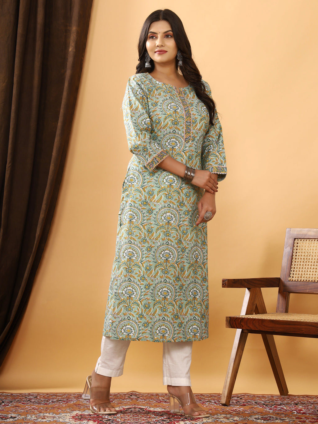Sanganeri Floral Jaal Print Green Cotton Kurti