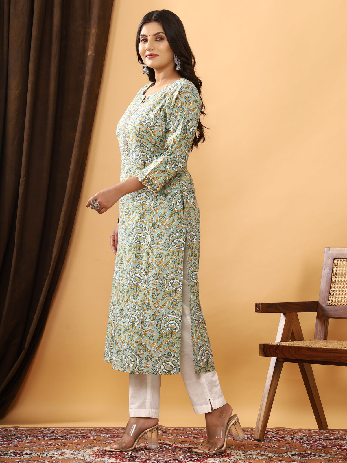 Sanganeri Floral Jaal Print Green Cotton Kurti