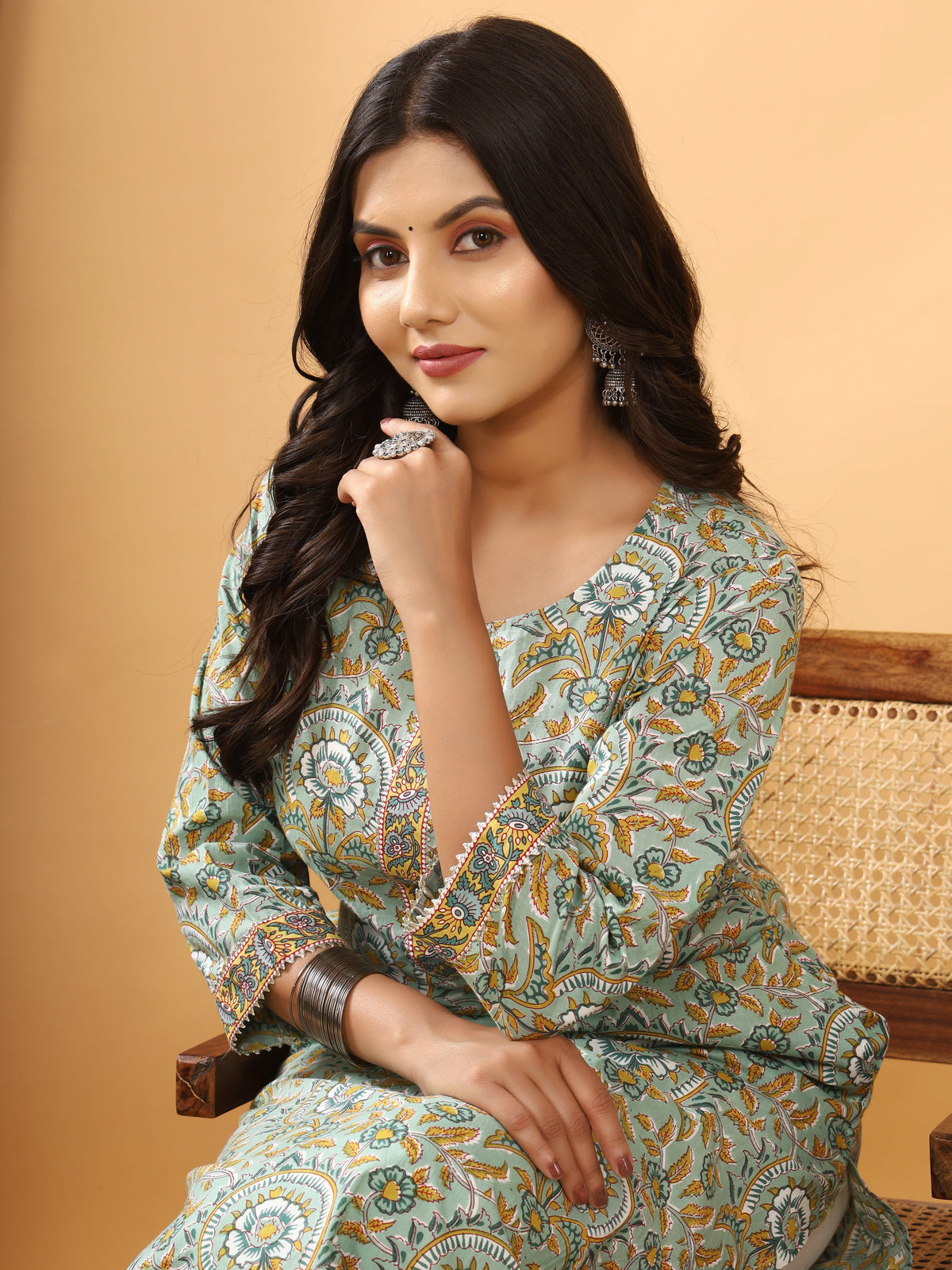 Sanganeri Floral Jaal Print Green Cotton Kurti