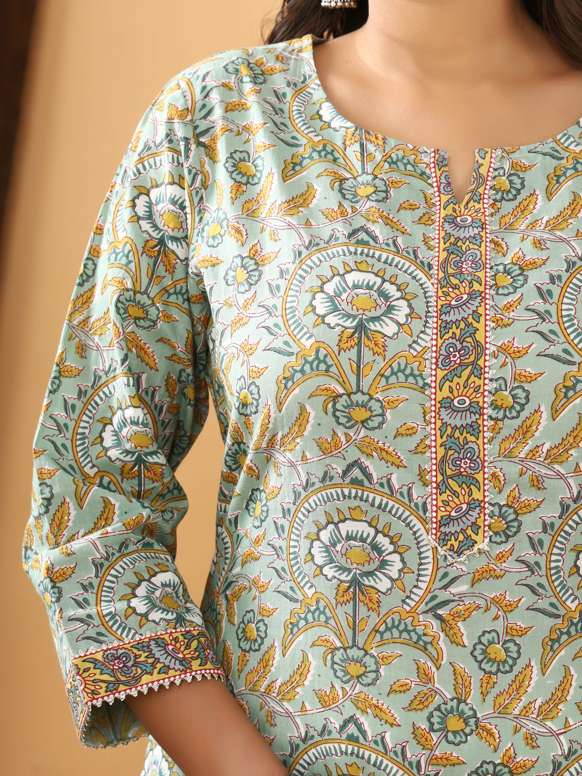 Sanganeri Floral Jaal Print Green Cotton Kurti