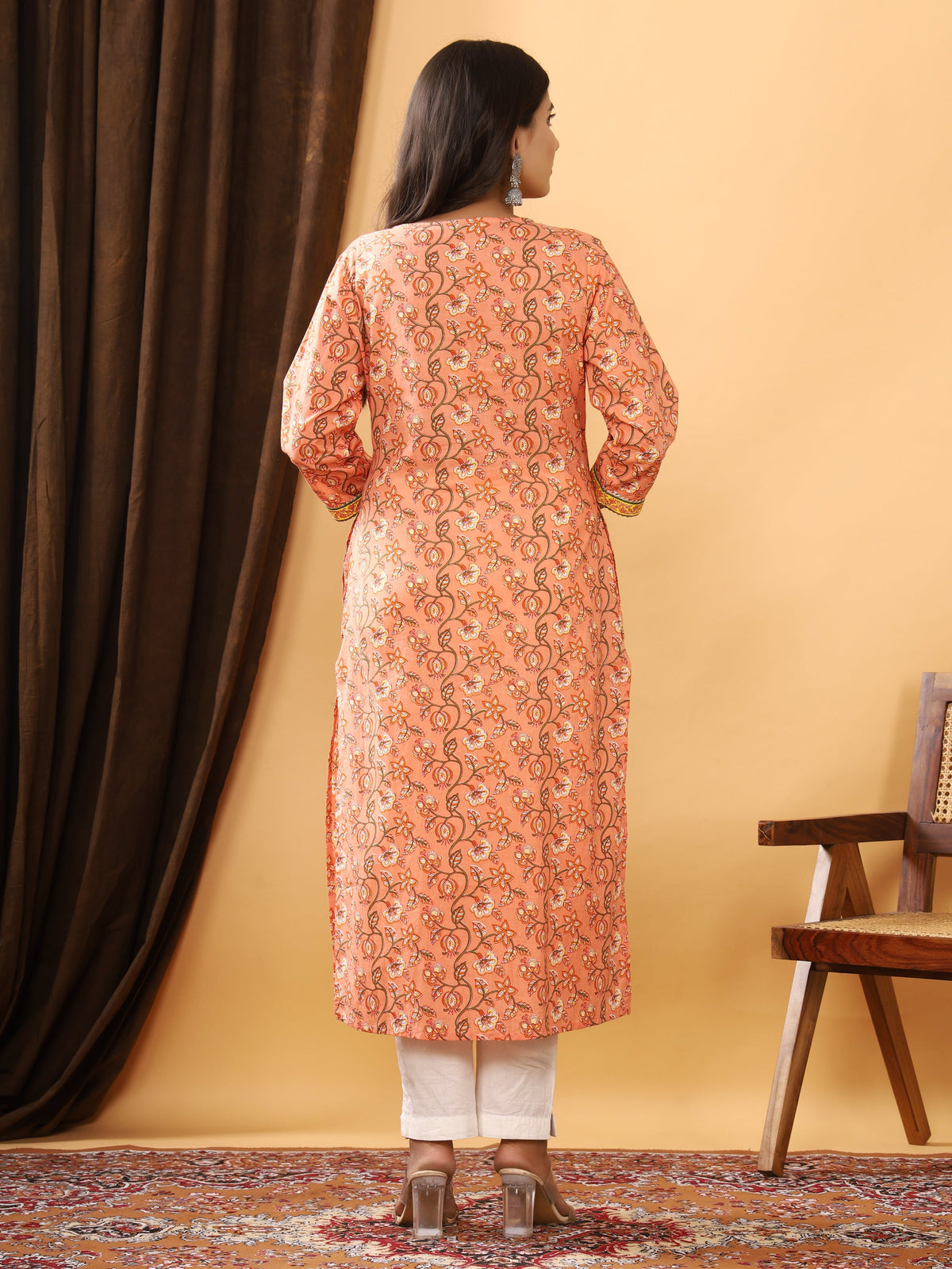 Sanganeri Floral Print Peach Cotton Kurti