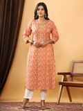 Sanganeri Floral Print Peach Cotton Kurti