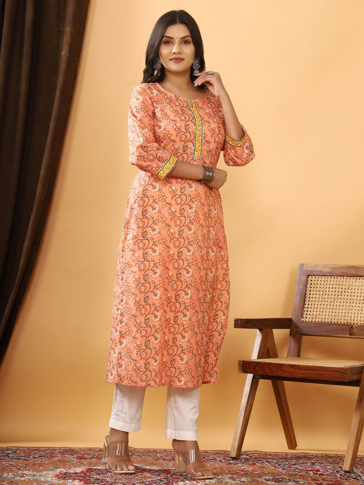 Sanganeri Floral Print Peach Cotton Kurti