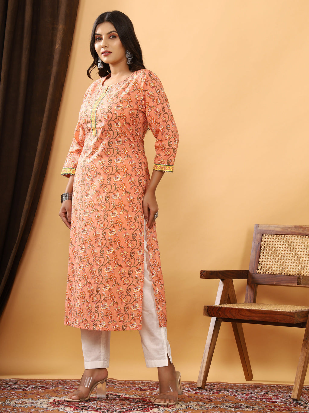 Sanganeri Floral Print Peach Cotton Kurti