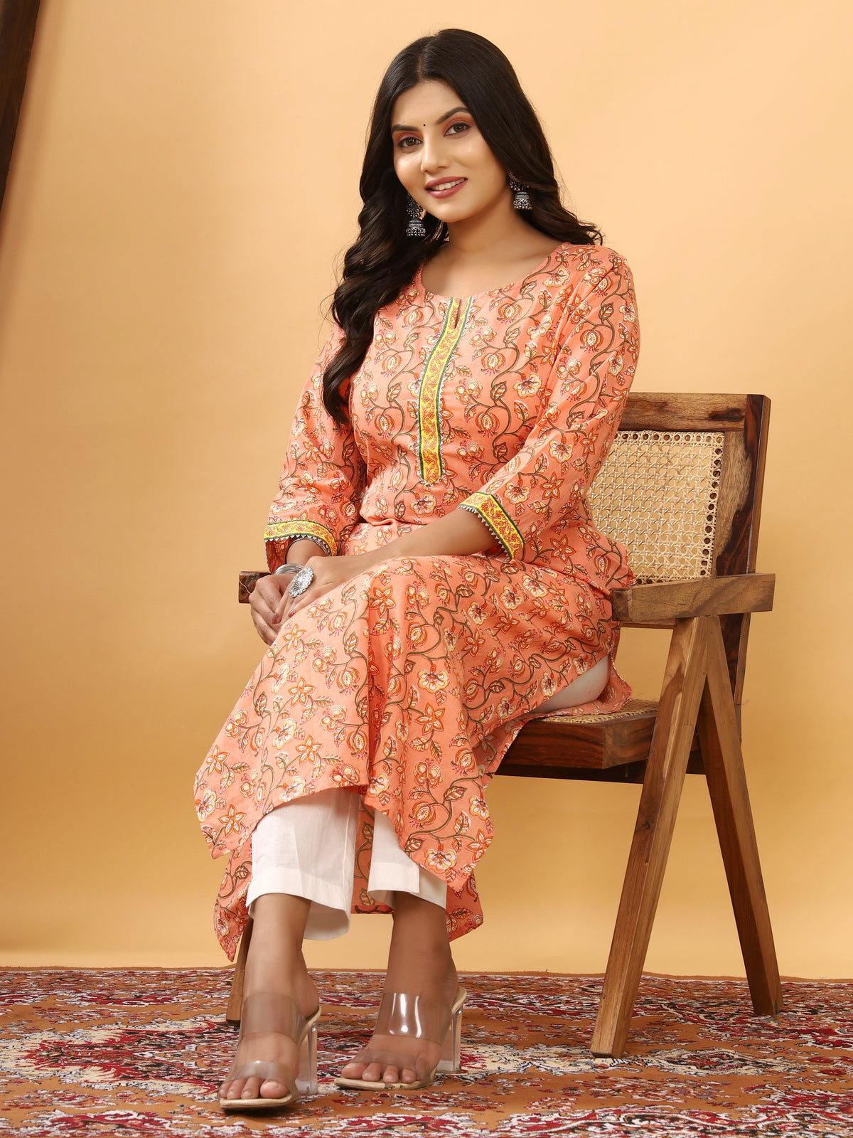 Sanganeri Floral Print Peach Cotton Kurti