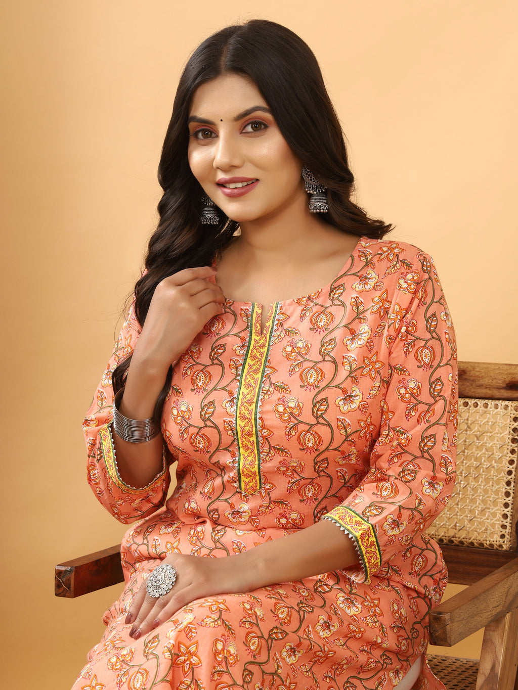 Sanganeri Floral Print Peach Cotton Kurti