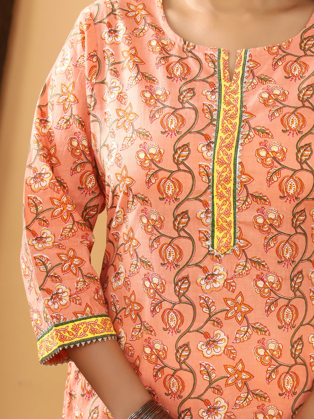 Sanganeri Floral Print Peach Cotton Kurti