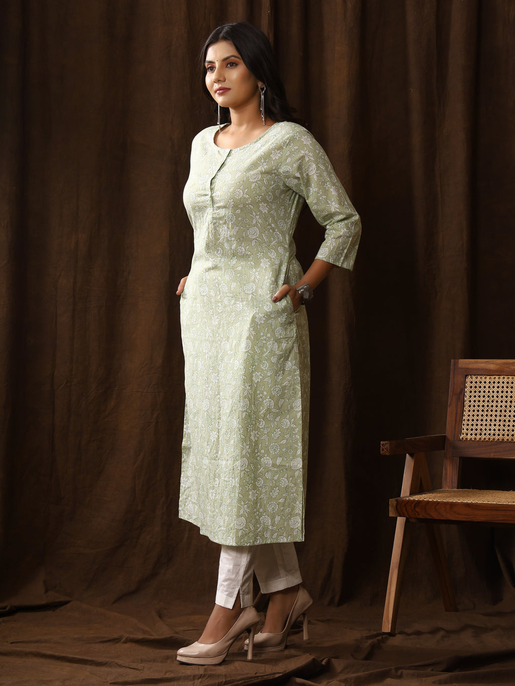 Sanganeri Floral Print Pale Cotton Kurti