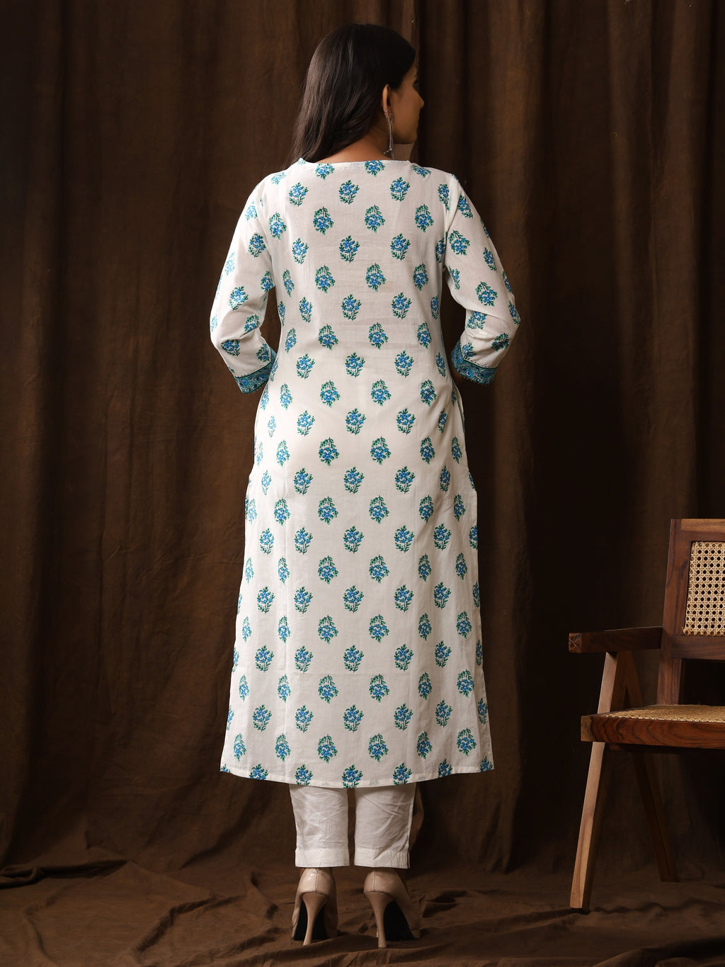 Sanganeri Buti Print White Cyan Cotton Kurti