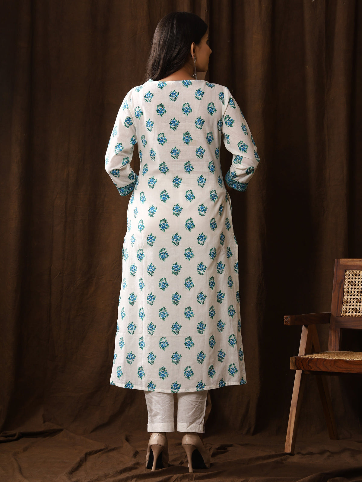 Sanganeri Buti Print White Cyan Cotton Kurti