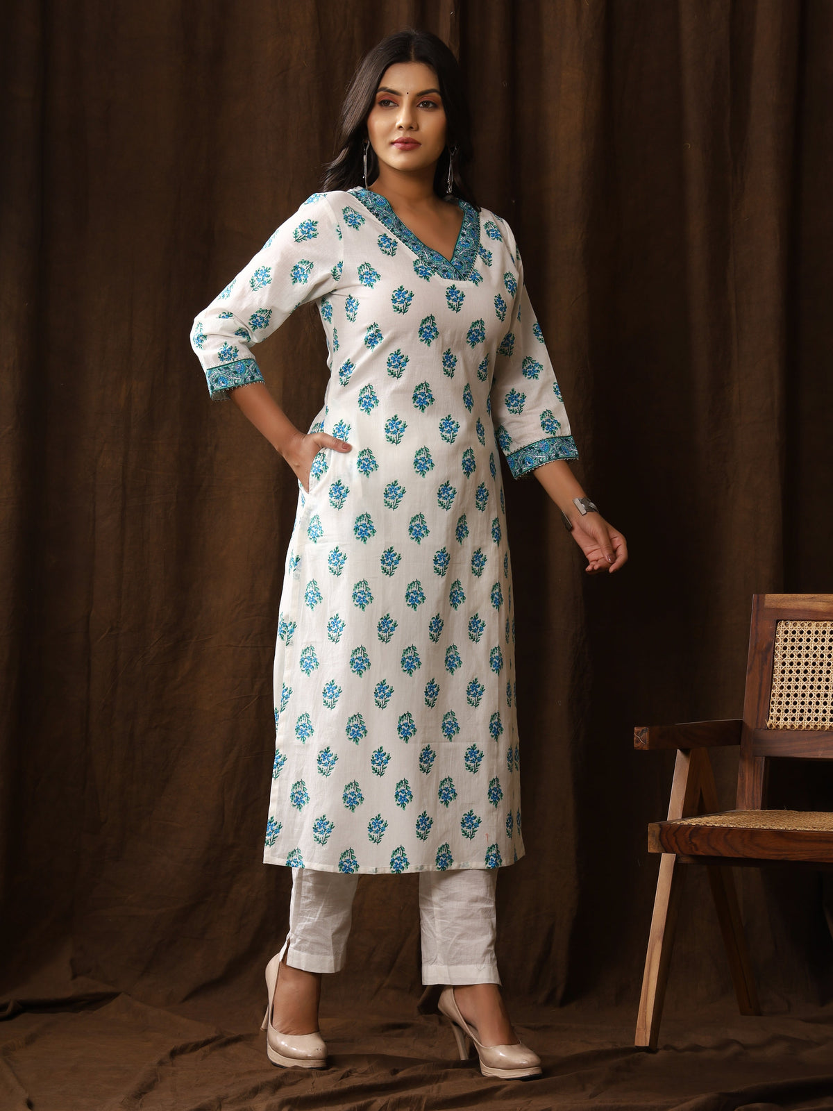 Sanganeri Buti Print White Cyan Cotton Kurti