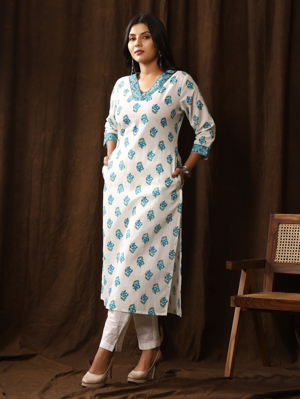 Sanganeri Buti Print White Cyan Cotton Kurti