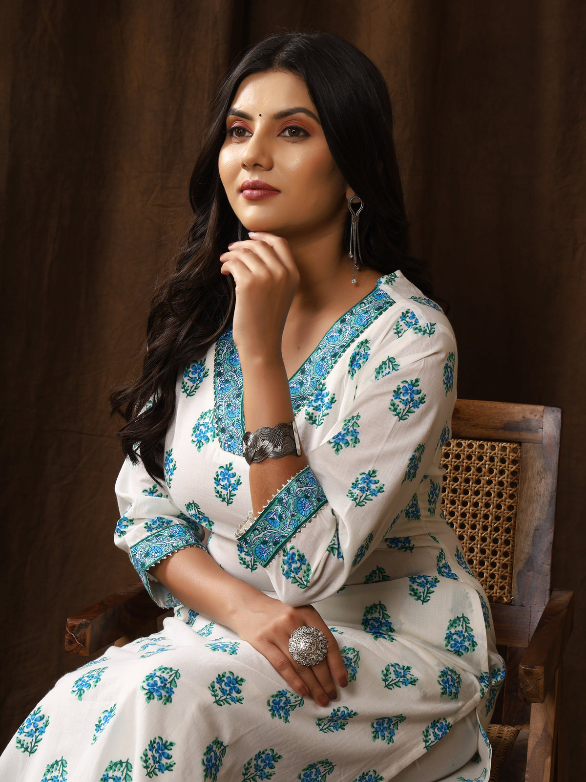 Sanganeri Buti Print White Cyan Cotton Kurti