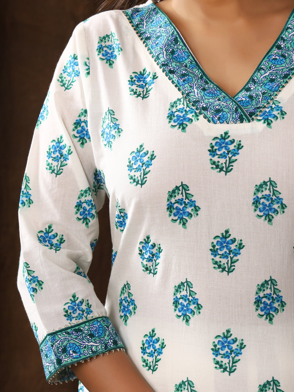 Sanganeri Buti Print White Cyan Cotton Kurti