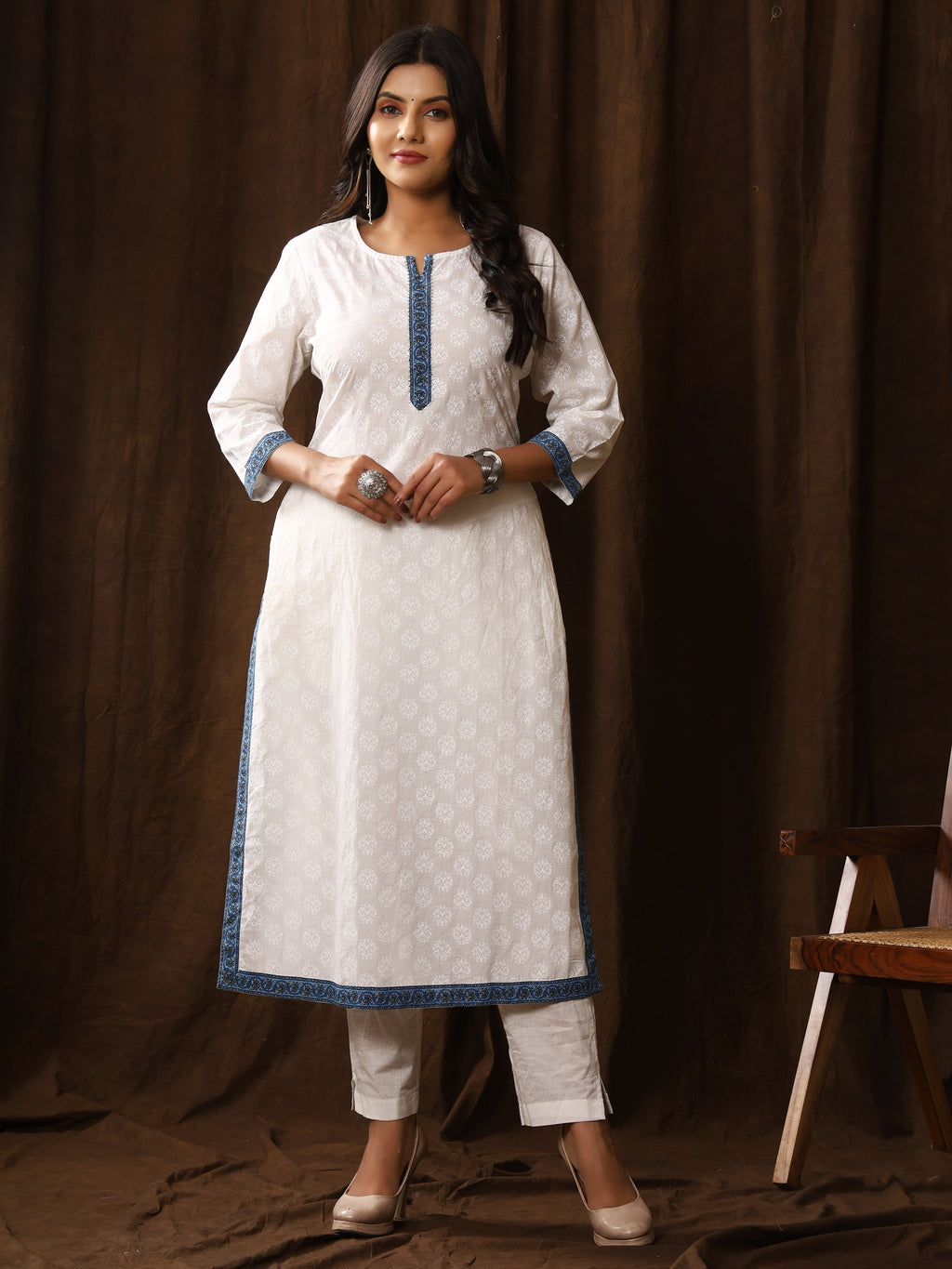 Sanganeri Buti Print White Cotton Kurti