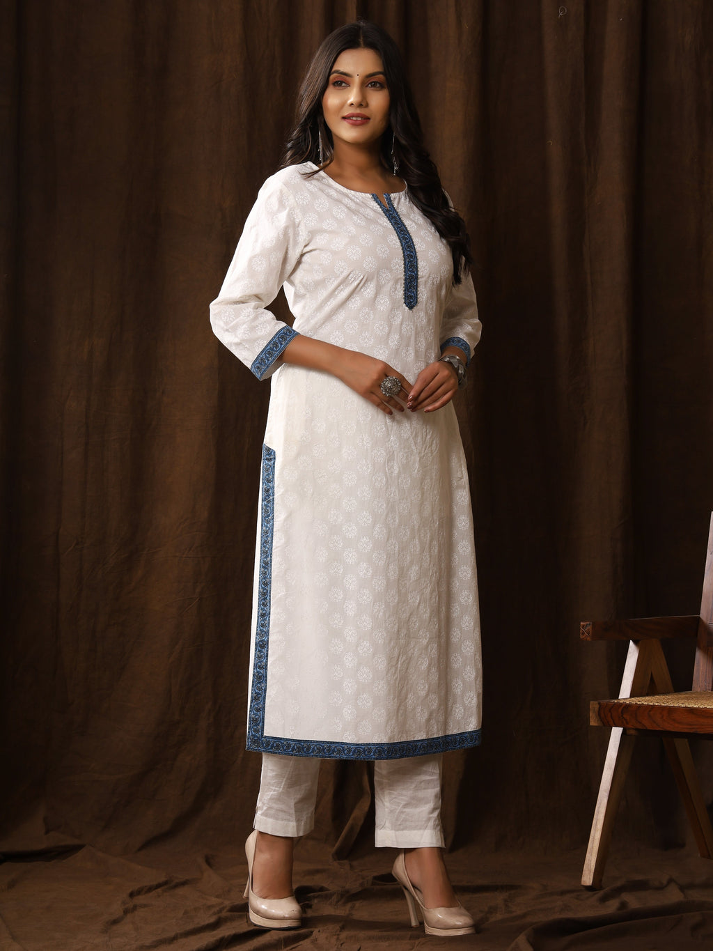 Sanganeri Buti Print White Cotton Kurti