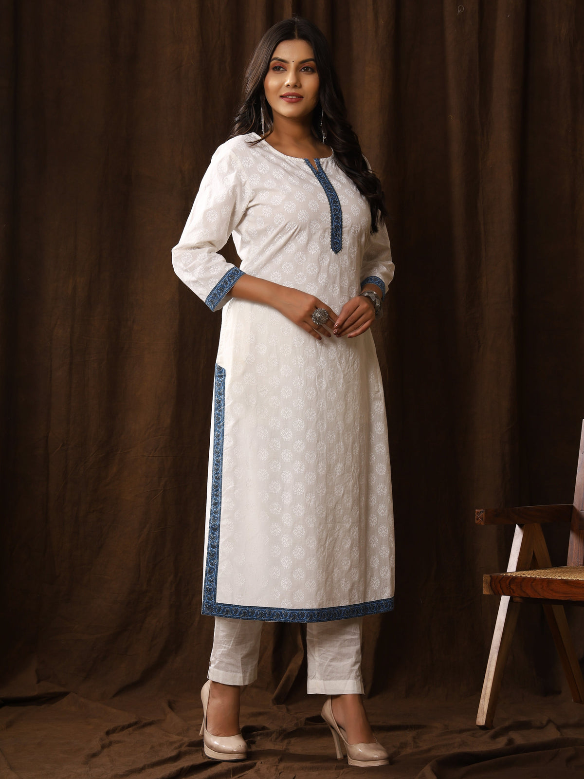 Sanganeri Buti Print White Cotton Kurti