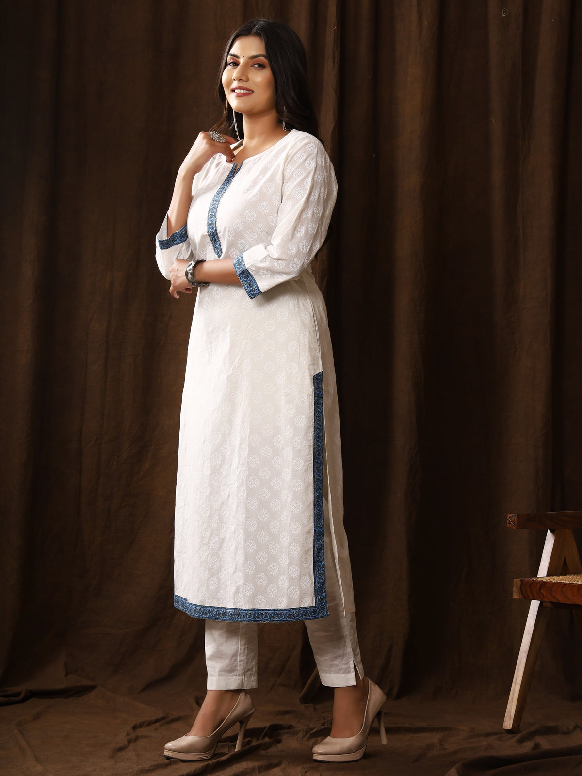 Sanganeri Buti Print White Cotton Kurti