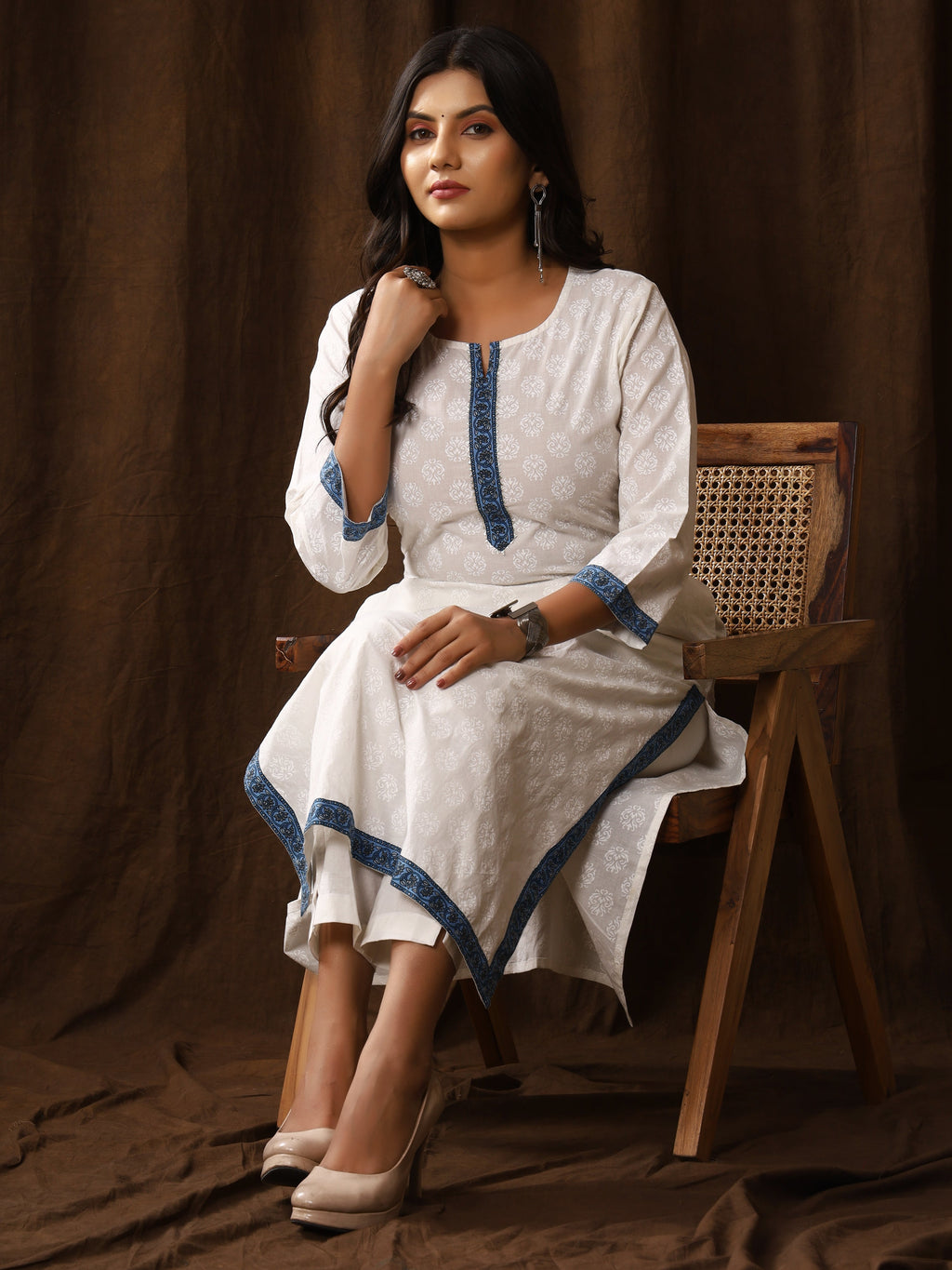 Sanganeri Buti Print White Cotton Kurti