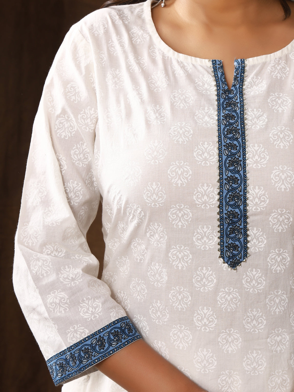 Sanganeri Buti Print White Cotton Kurti