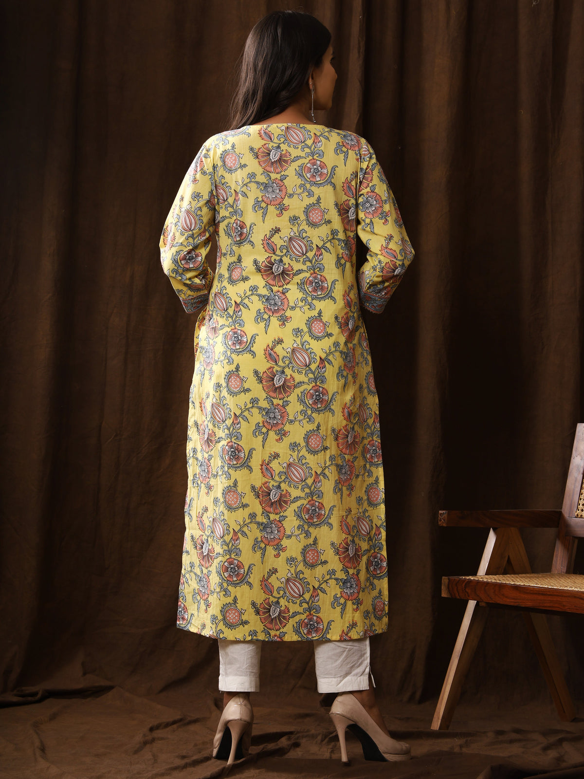 Sanganeri Floral Print Yellow Cotton Kurti