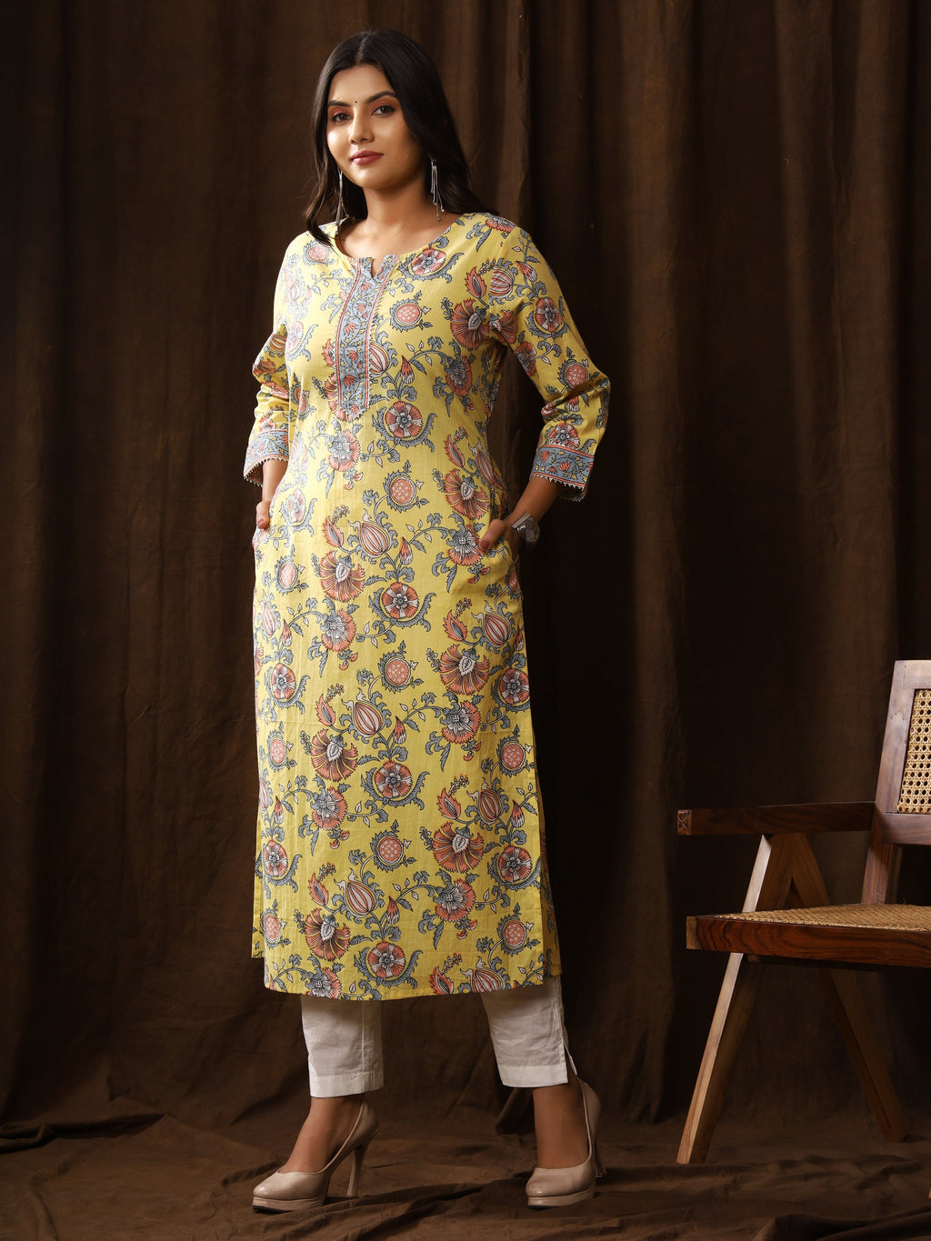 Sanganeri Floral Print Yellow Cotton Kurti