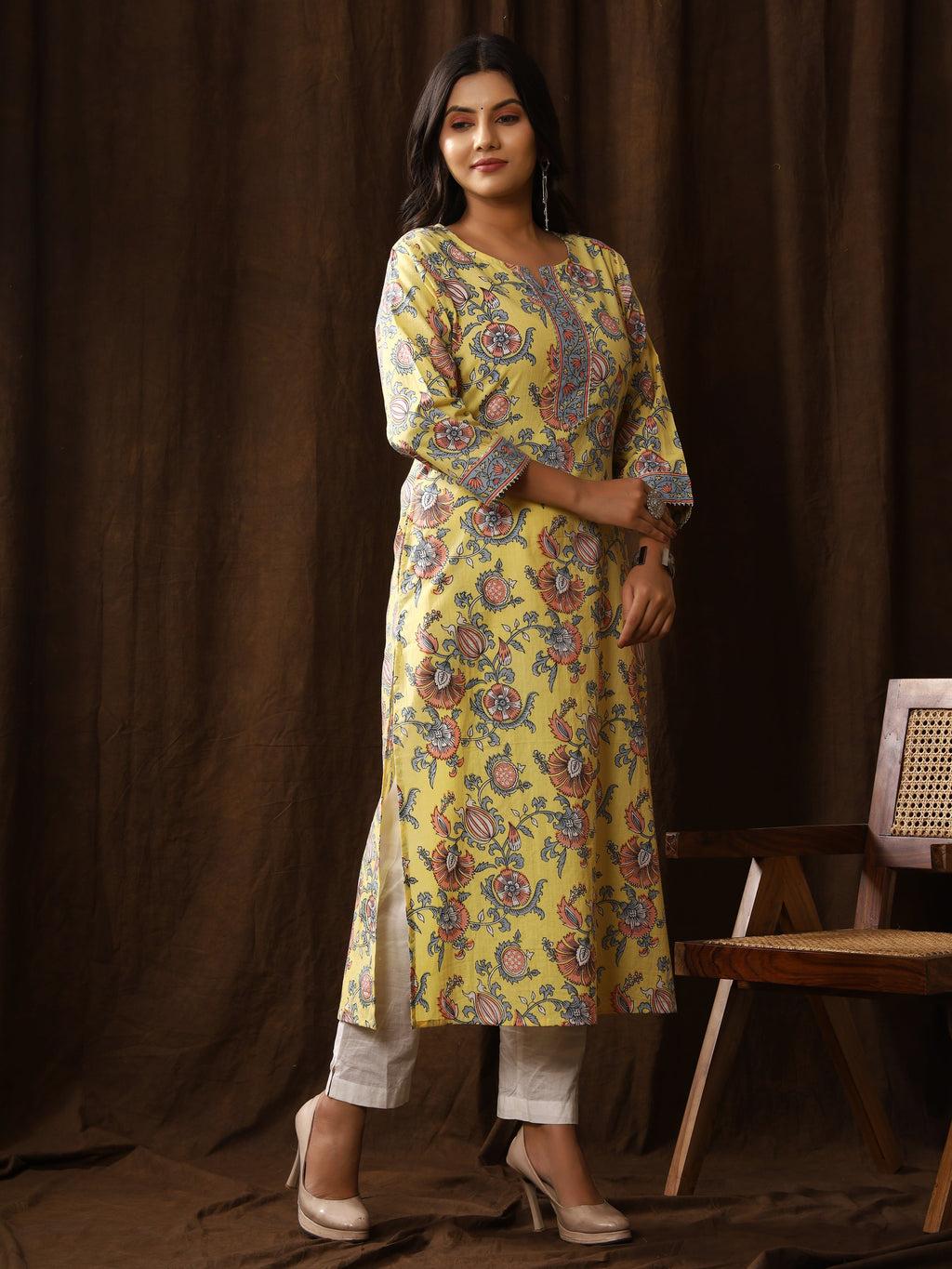 Sanganeri Floral Print Yellow Cotton Kurti