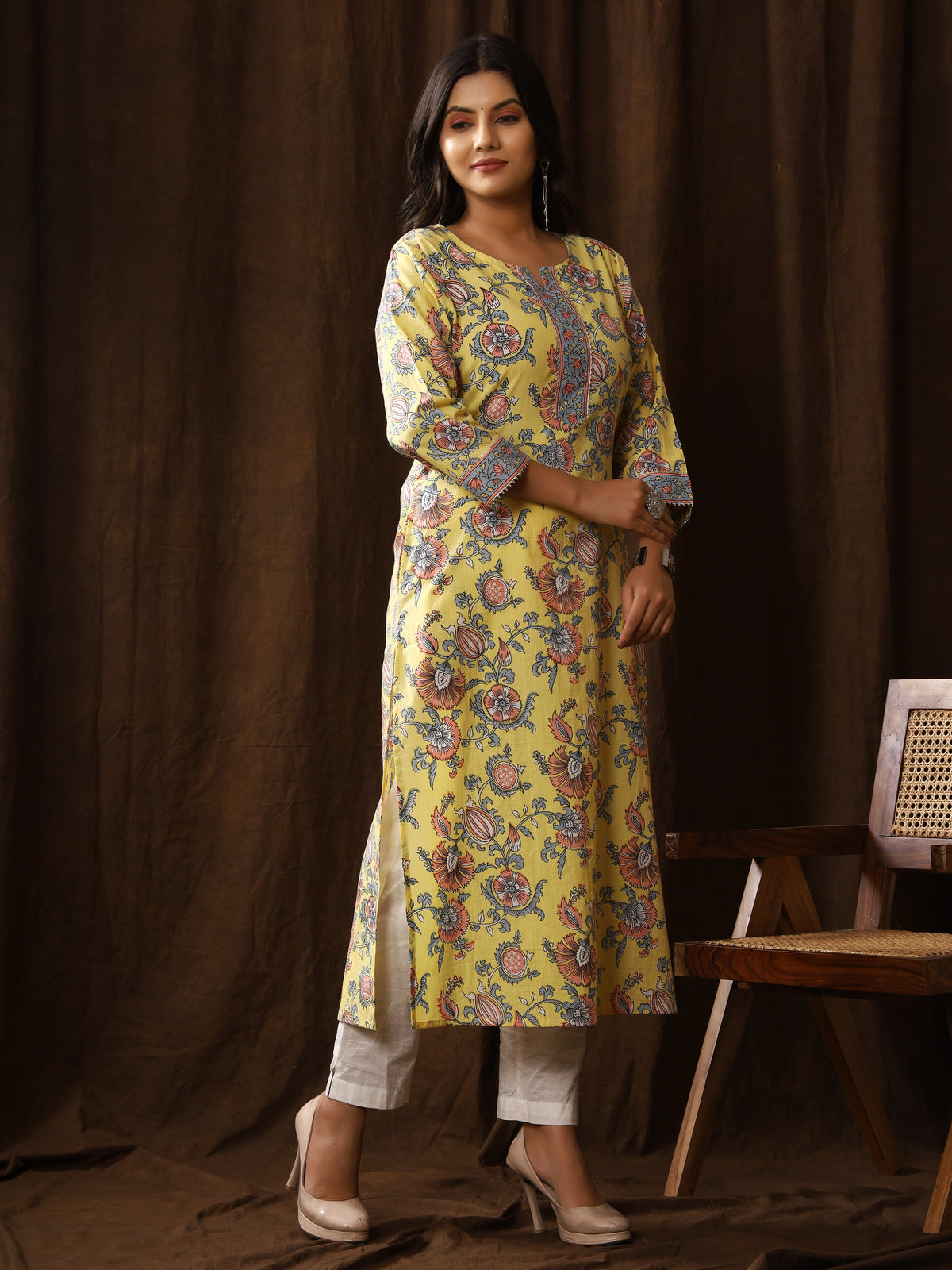 Sanganeri Floral Print Yellow Cotton Kurti