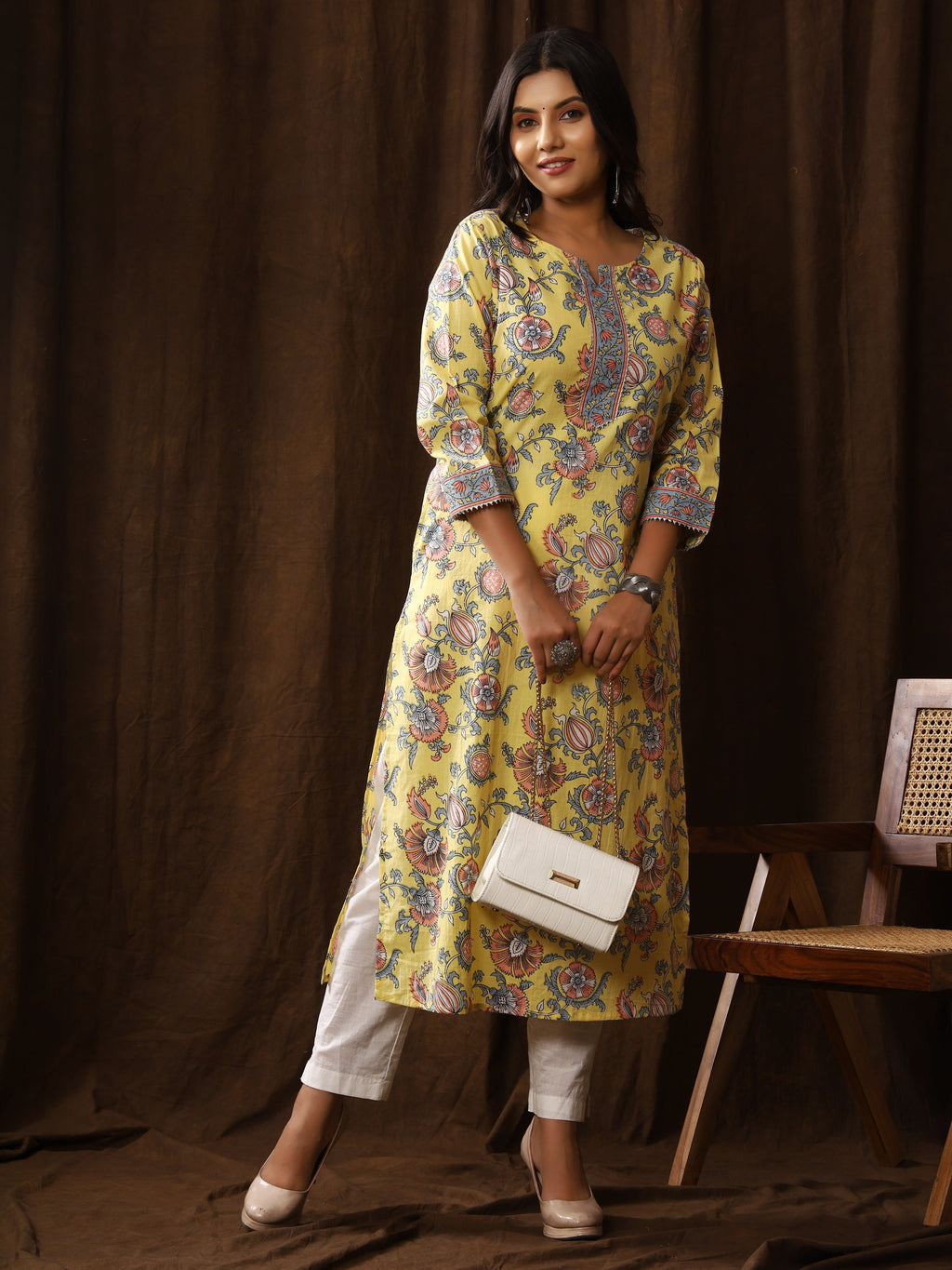 Sanganeri Floral Print Yellow Cotton Kurti