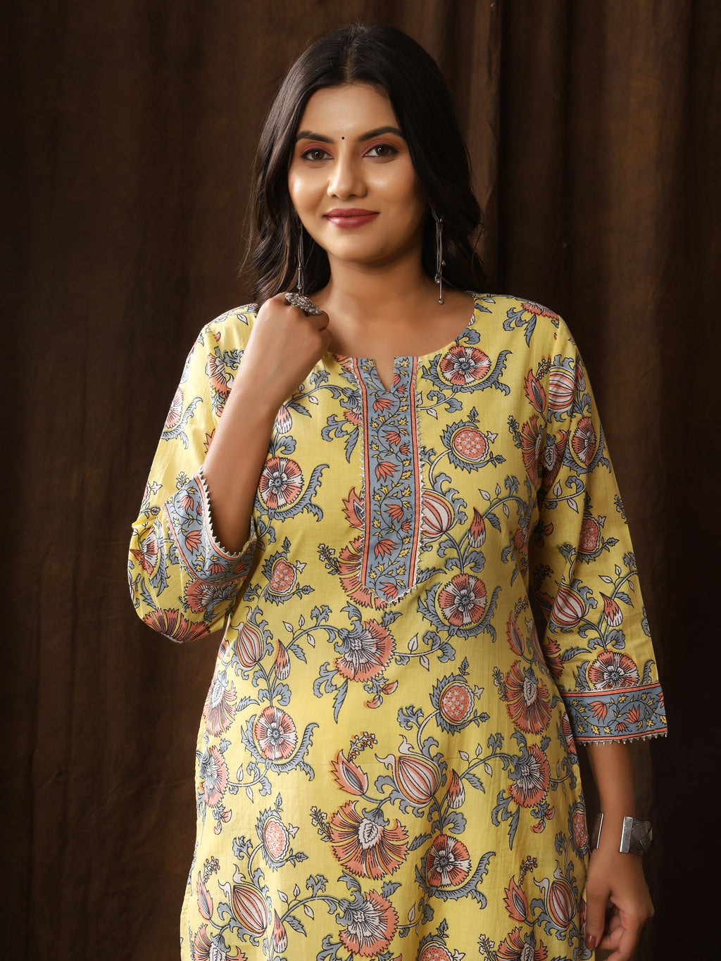 Sanganeri Floral Print Yellow Cotton Kurti