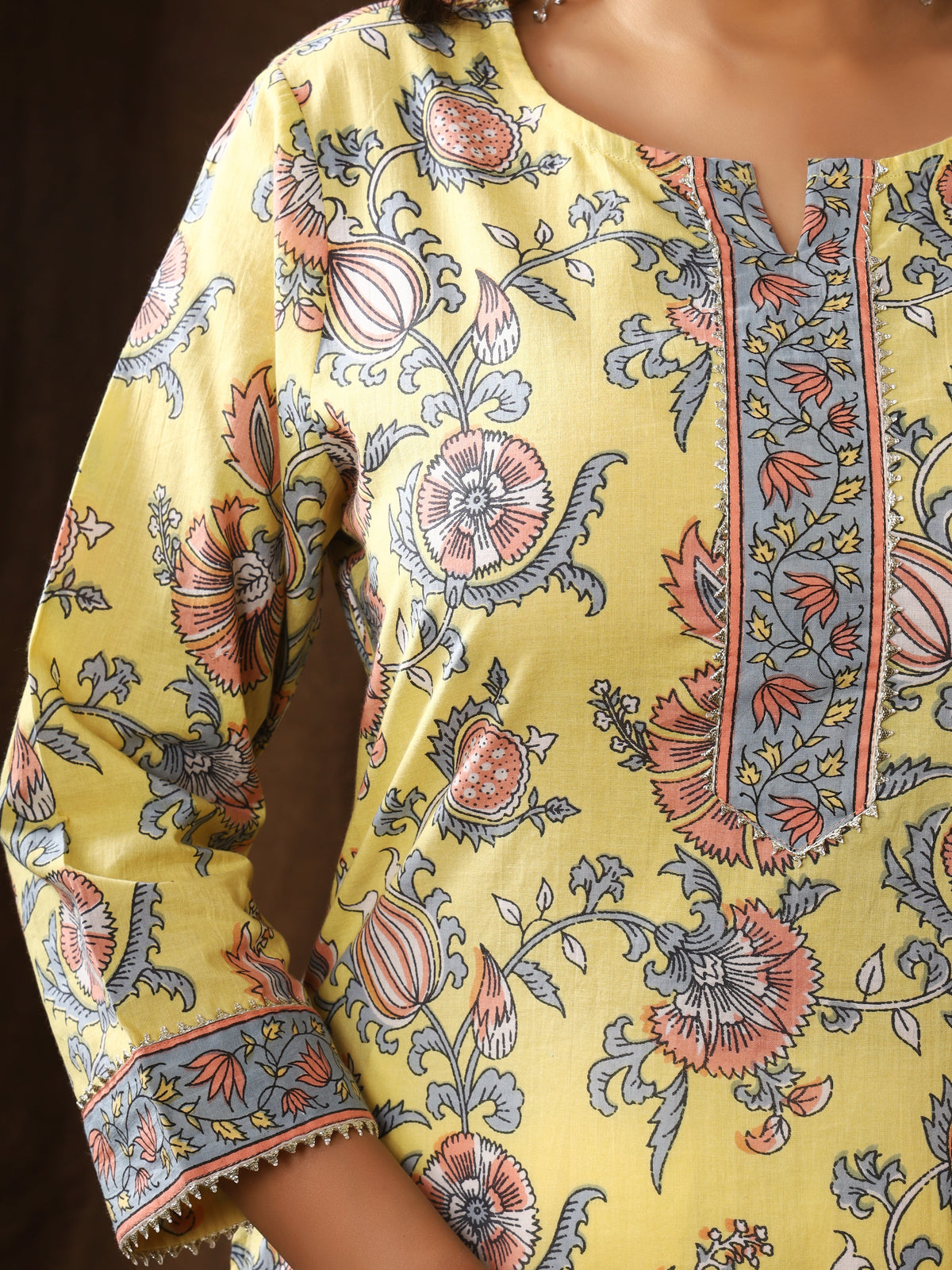 Sanganeri Floral Print Yellow Cotton Kurti