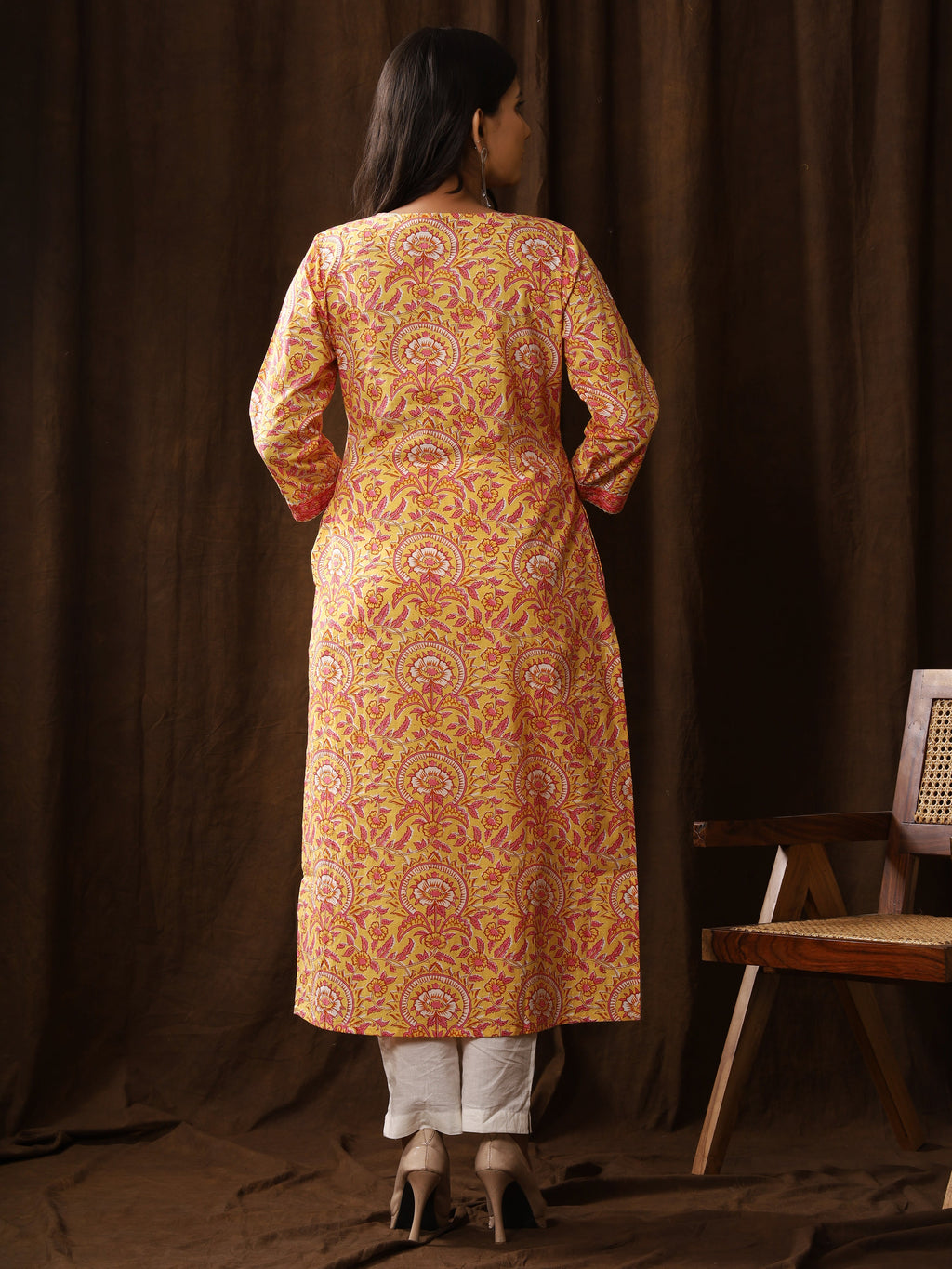 Sanganeri Floral Print Yellow Pink Cotton Kurti
